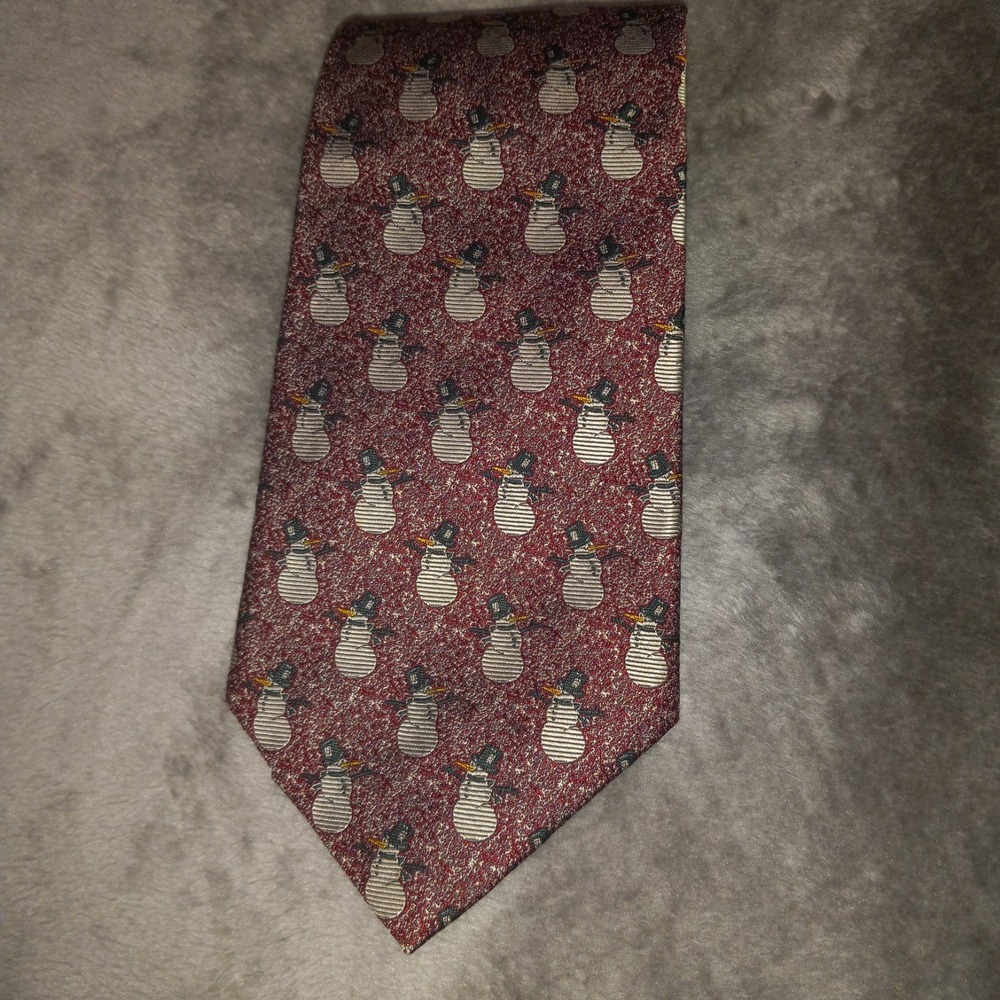 Audrey Buckner 100% European Silk Tie Necktie 4" Red SNOWMAN CHRISTMAS